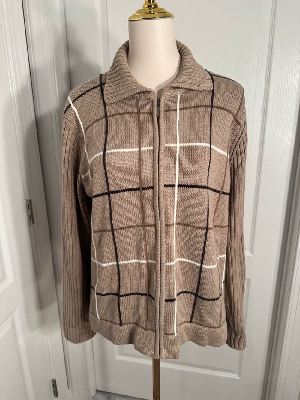 Vintage Women’s Liz Claiborne Taupe Zip-Up Windowpane Sweater Sz XL